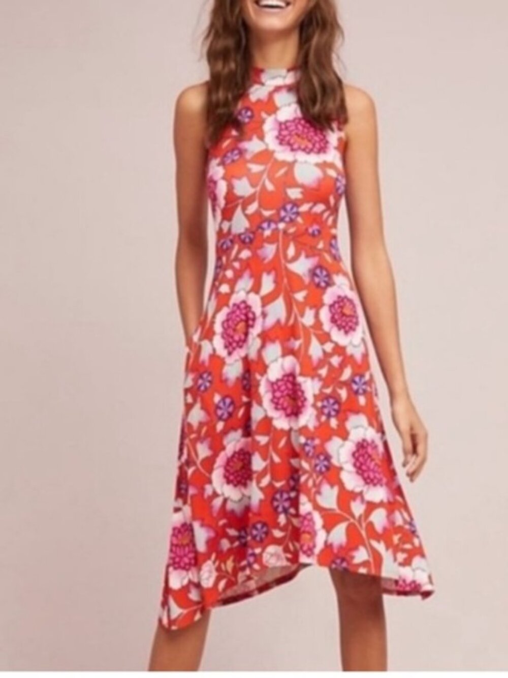 Anthropologie Maeve Cleary Mock Neck Red Floral Midi Dress Medium